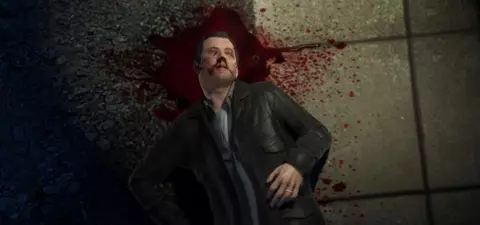 A man in a dark coat with a bloodied face leans against a wall, with a splatter of blood behind him, suggesting a violent scene.
