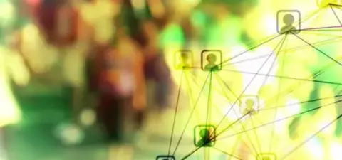 An abstract representation of a network connecting user icons amidst a blurred crowd, symbolizing social connections and digital interaction.