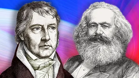 Portraits of German philosophers Georg Wilhelm Friedrich Hegel and Karl Marx against a vibrant abstract background.