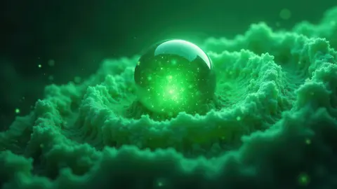 A luminous green sphere resting on textured, glowing green waves, creating a mystical and ethereal atmosphere.