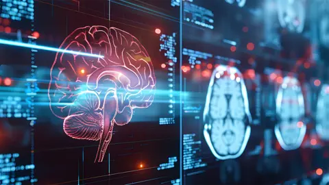 A digital representation of a human brain alongside brain scan images, featuring luminous blue and red accents in a futuristic setting.