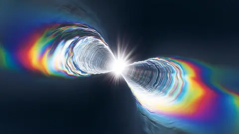 A swirling, colorful vortex leads to a bright light at the center, representing themes of energy and transformation within a cosmic landscape.