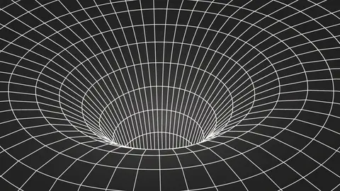 A black and white graphic depicting a grid-like funnel shape, suggesting the concept of depth and curvature in a three-dimensional space.