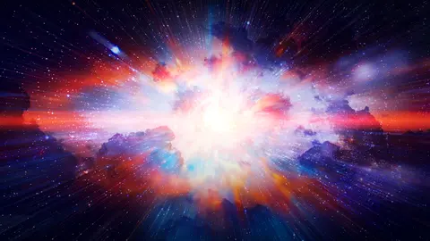 A vibrant cosmic scene depicting an explosion of colors and light, resembling a stellar nebula with bright stars and swirling clouds in a deep space setting.