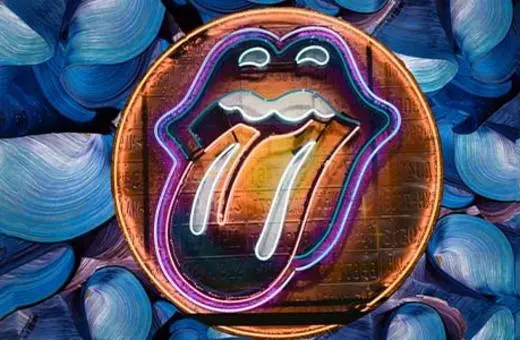 A stylized neon logo featuring a lips and tongue design, surrounded by swirling blue patterns, reminiscent of rock music aesthetics.