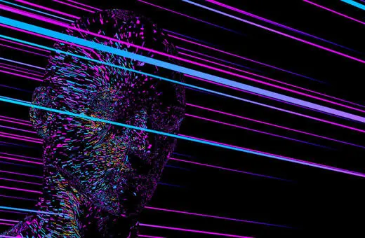 A digitally rendered, abstract figure composed of vibrant colors and dynamic lines, creating an illusion of movement against a dark background.