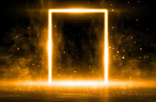 A glowing, ethereal doorframe surrounded by shimmering, golden mist on a dark background, evoking a sense of mystery and possibility.