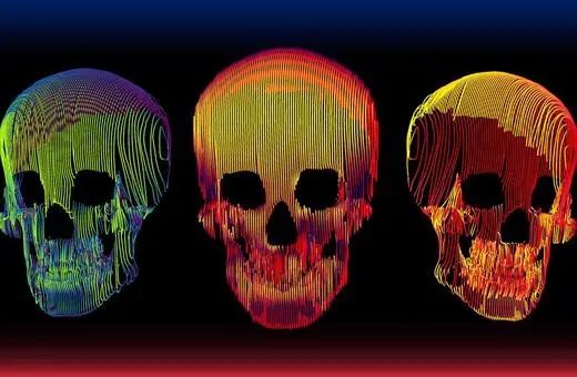 Colorful, abstract 3D representations of skulls, displaying intricate patterns and gradients against a dark background.
