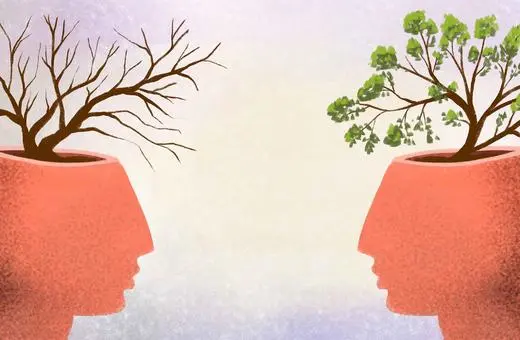 Illustration of two abstract heads facing each other, one with a dry tree and the other with a green tree growing from their tops, symbolizing contrasting states of mind.