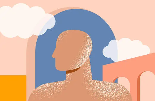 A stylized illustration featuring a human-like silhouette against a pastel background with clouds, arches, and geometric shapes.