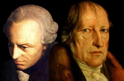 Portraits of philosophers Immanuel Kant and Georg Wilhelm Friedrich Hegel, showcasing their distinct features and expressions against a dark background.