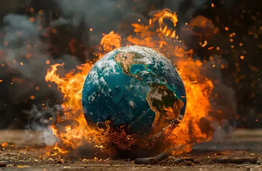A fiery illustration of Earth engulfed in flames, symbolizing environmental destruction and climate change. The globe shows distinct continents amidst intense fire and smoke.