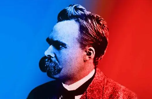 A stylized portrait of philosopher Friedrich Nietzsche, featuring a blue and red gradient background.