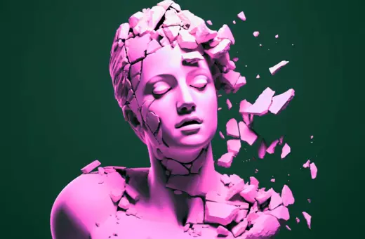 A sculpted bust of a woman in vibrant pink, appearing to break apart, with fragmented pieces floating away against a dark green background.
