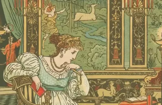 A woman in ornate clothing sits thoughtfully in an elaborately decorated interior, with fantastical scenes depicted on the walls, including a deer and figures in the background.