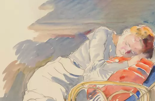 A watercolor painting depicting a serene woman sleeping on a chair, resting her head on a colorful pillow with soft, muted background tones.