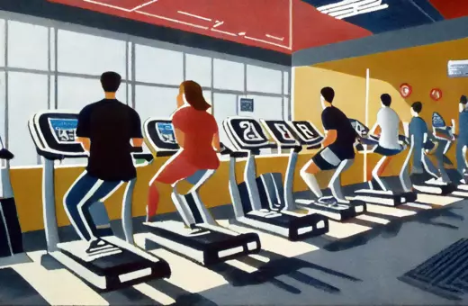A stylized painting of seven people exercising on treadmills in a gym, with sunlight casting shadows on the floor.
