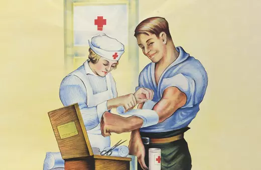 A nurse bandages a soldier's arm, depicting wartime medical care with a vintage illustration style.