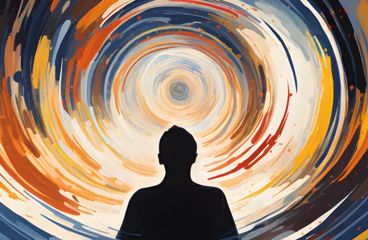 A silhouette of a person stands in front of a swirling vortex of vibrant colors, creating a sense of depth and exploration.