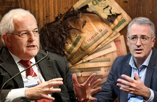 Two men are engaged in discussion, with one speaking passionately while the other listens intently. In the background, charred banknotes hint at a financial theme.
