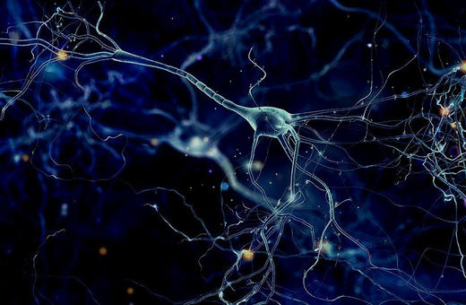 A close-up view of interconnected neurons and synapses against a dark, abstract background, illustrating the complexity of the neural network.