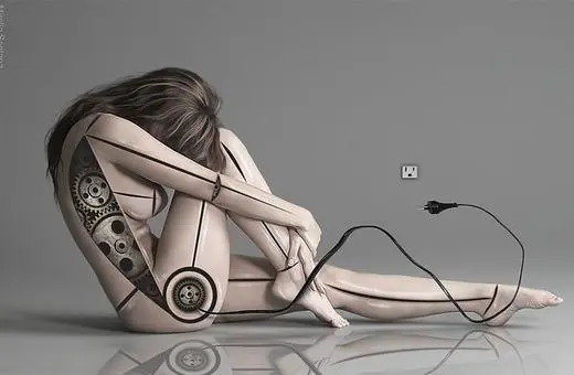 A human figure curled up, with one side featuring mechanical components and gears, connected to an electrical outlet by a cable.