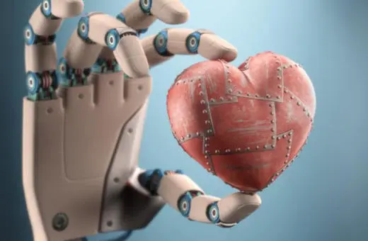 A robotic hand holding a stitched, metallic heart, symbolizing the intersection of technology and emotion.