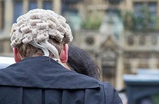 A close-up view of the back of a judge's head in traditional wig attire, with historical architecture blurred in the background.