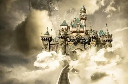 A fantastical castle with turquoise towers rises above clouds, set against a dramatic, cloudy sky, evoking a dreamlike atmosphere.