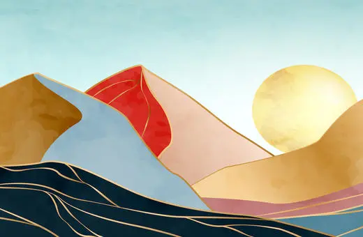 A colorful abstract landscape featuring stylized mountains in shades of gold, red, blue, and pink, with a large yellow sun rising in the background.
