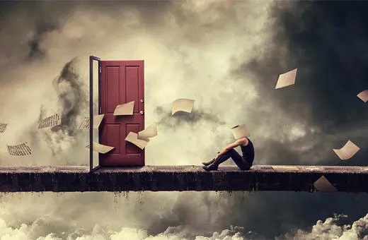 A surreal scene depicting a person sitting on a narrow ledge, their head replaced by a blank sheet, while papers fly around from an open red door against a dramatic sky.
