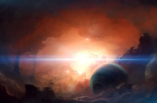 A vast cosmic scene featuring a colorful nebula, glowing stars, and a large planet partially obscured by clouds, creating a sense of depth and wonder in the universe.