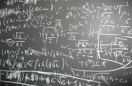 A chalkboard filled with complex mathematical equations and symbols, showcasing advanced calculations, possibly related to physics or engineering.
