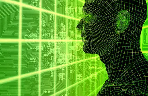 A digital wireframe silhouette of a human head against a background of green circuit patterns, symbolizing technology and artificial intelligence.