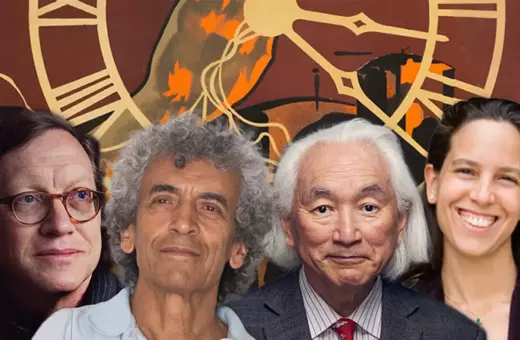 A collage featuring four individuals in front of an abstract background with a clock design, possibly representing themes of time and philosophy.