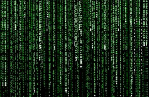 A digital backdrop of green falling code resembling the Matrix, featuring lines of symbols, letters, and numbers in various orientations.