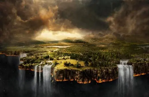 A surreal landscape featuring a floating island with lush greenery and waterfalls cascading into darkness, set against a dramatic sky filled with storm clouds.