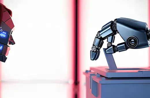 A humanoid robot with a metallic face interacts with a robotic hand, reaching towards a voting box, exploring themes of technology and democracy.