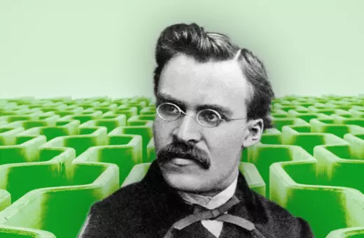 A portrait of philosopher Friedrich Nietzsche set against a green abstract background featuring geometric shapes.