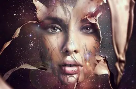 A surreal depiction of a woman’s face fragmented by cosmic elements, surrounded by swirling colors and stars, creating a blend of beauty and the universe.