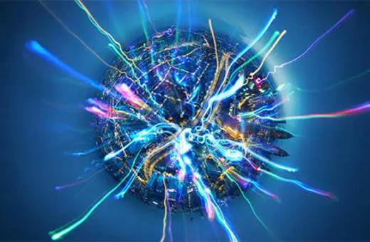 A vibrant, abstract representation of a globe surrounded by dynamic, colorful light streaks, symbolizing energy and connectivity in a digital world.