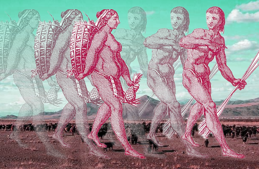 Abstract representation of human evolution with layered figures in motion, set in a vast landscape with mountains and a herd in the background.
