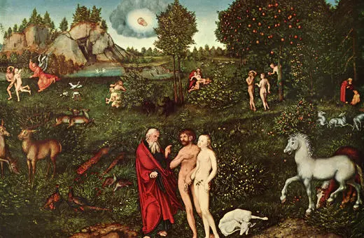 A lush, detailed landscape featuring Adam and Eve with God, surrounded by various animals, mythical creatures, and angelic figures, inspired by the Garden of Eden.