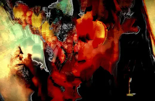 Abstract digital artwork featuring a blend of human forms and vibrant colors, creating a distorted and surreal composition.