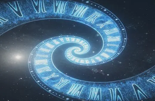 A swirling spiral of clock faces with Roman numerals against a starry background, symbolizing the passage of time and infinity.