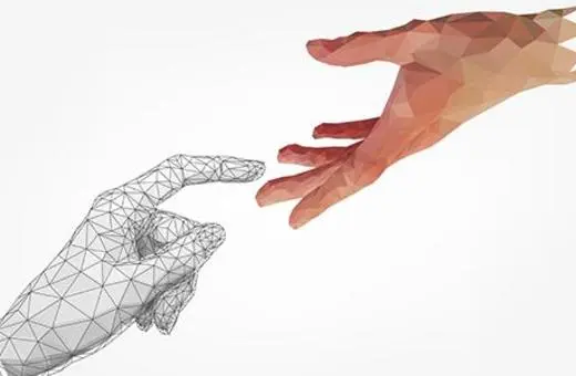 A stylized image depicting two hands reaching towards each other; one is a geometric wireframe while the other is a realistic human hand.