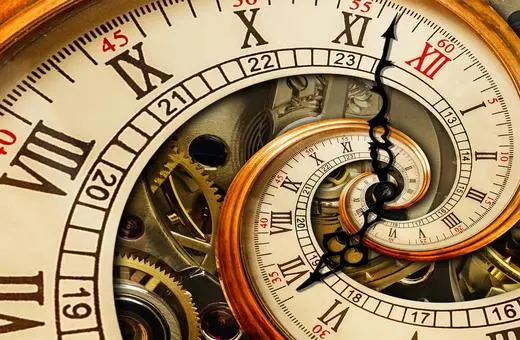 A swirling design of vintage clock faces intertwined with intricate gears, symbolizing the concept of time and its endless passage.