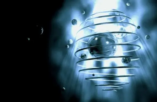 An artistic depiction of an atom with swirling rings and glowing particles, representing the concept of atomic structure and modern physics.