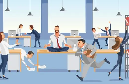An animated office scene with various employees: one man meditates on a desk, while others work, run, and pick up papers in a busy environment.
