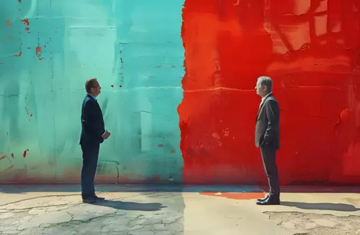 Two businessmen in suits stand facing each other against a backdrop of contrasting colors: turquoise on one side and bright red on the other, emphasizing a divide.
